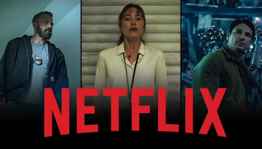 Drei Szenen aus einem spannenden Netflix-Thriller. Ein Mann mit Polizeimarke, eine Frau mit Verletzung und ein Mann mit Handy. Der beste Thriller, den Sie je gesehen haben!