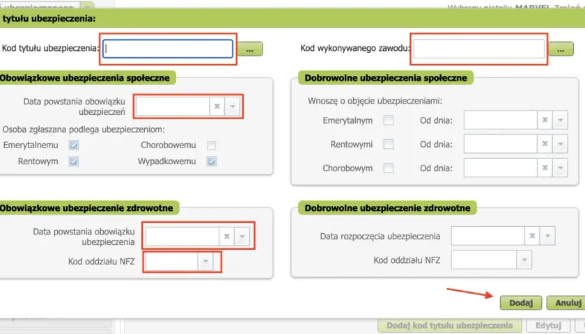Formularz do wpisania kodu tytułu ubezpieczenia, dat i rodzajów ubezpieczeń. ZUS ZUA to formularz zgłoszeniowy.