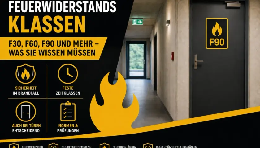 Eine Tür mit dem Aufdruck "F90" in einem Flur. Die Grafik erklärt die Feuerwiderstandsklassen Tabelle für Sicherheit im Brandfall.