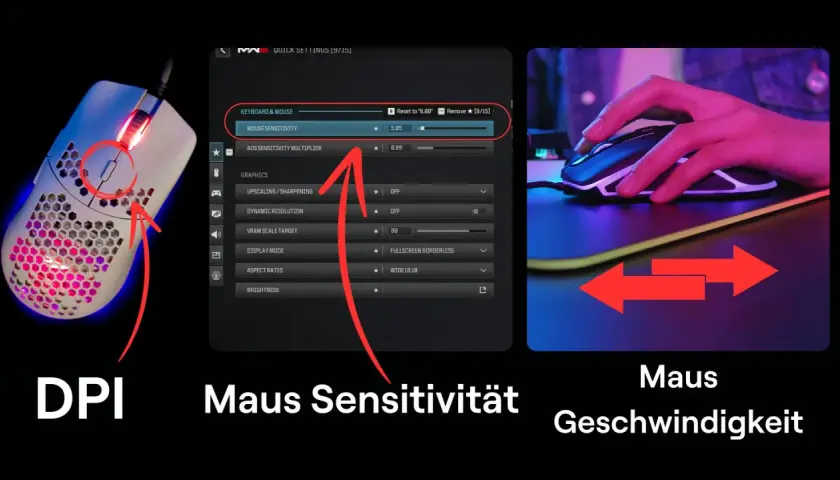 Gaming-Maus mit leuchtenden Akzenten und Einstellungen für Maus-Sensitivität. Was ist eDPI? Es ist die Kombination aus DPI und In-Game-Sensitivität.