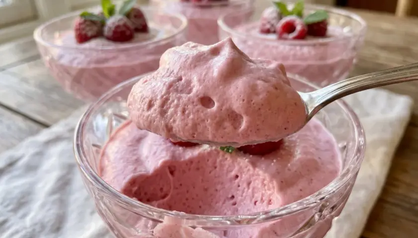 Ljuv hallonmousse utan gelatin, serverad i skålar med färska hallon och mynta. En sked lyfter fram den fluffiga konsistensen.