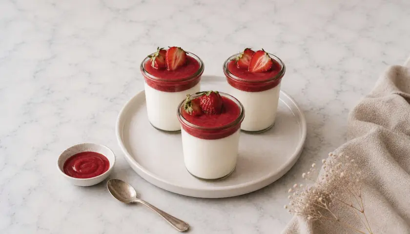 Trois panna cotta onctueuses, garnies de coulis de fraises et de fruits frais. Un délice fruité à savourer.