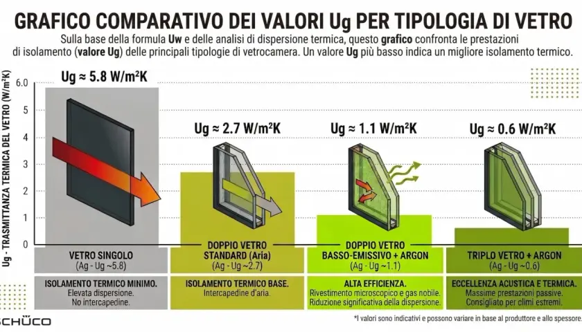 Grafico mostra la trasmittanza termica (Ug) di vetri diversi: singolo, doppio standard, basso-emissivo e triplo. Valori Ug più bassi indicano miglior isolamento.