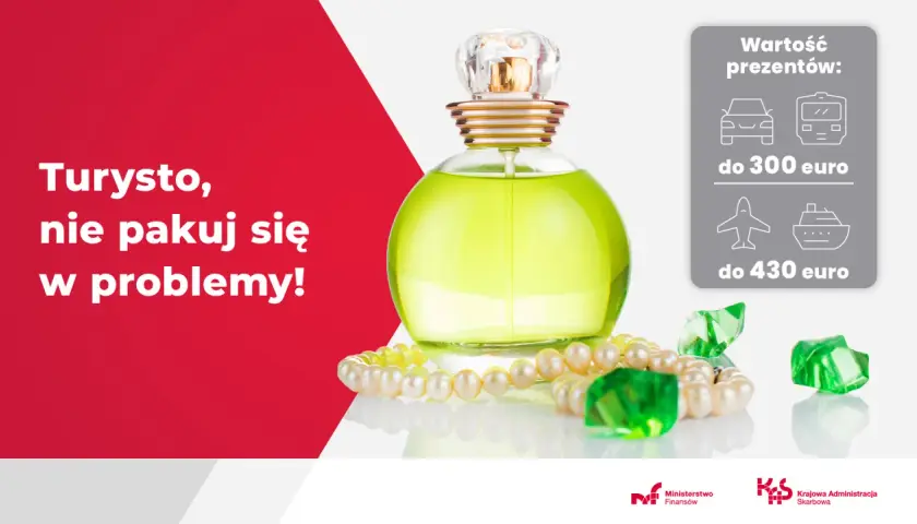 Flakon perfum, naszyjnik z pereł i zielone kamienie obok ikonek pojazdów i limitów euro.