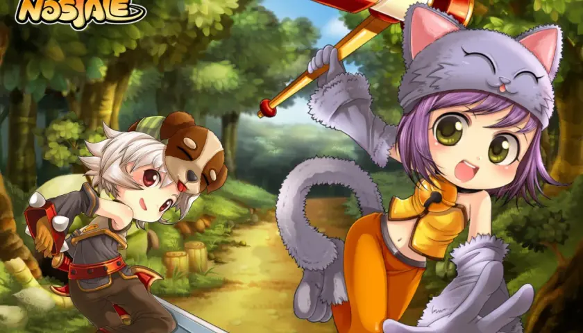Dwoje uroczych bohaterów w stylu anime mmorpg, chłopiec z mieczem i dziewczynka z młotem, w lesie.
