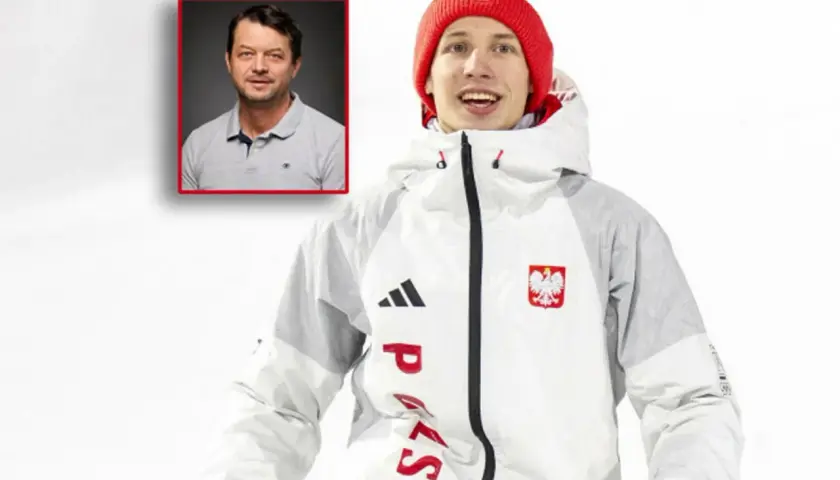 Kacper z rodzicami. Na zdjęciu skoczek narciarski w stroju reprezentacyjnym i jego ojciec.