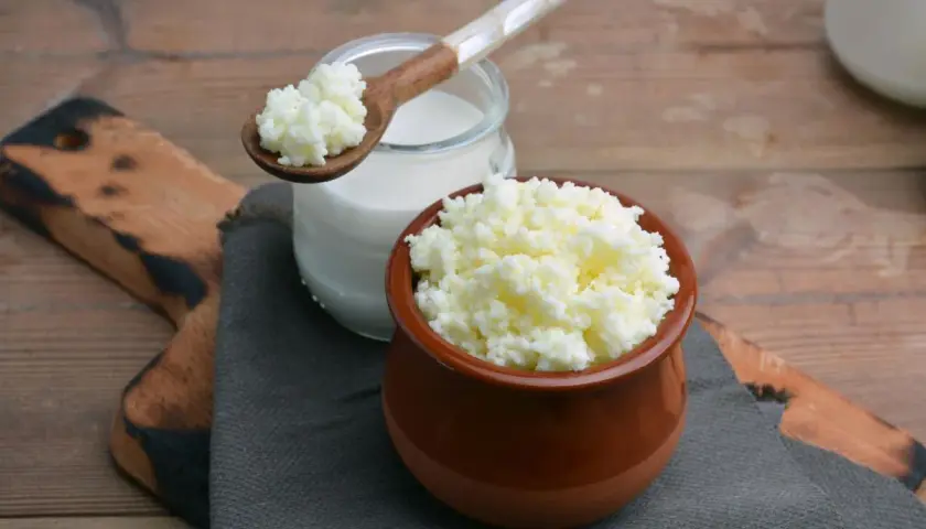 Grani di latte di kefir in un vasetto di terracotta e su un cucchiaio di legno, accanto a un bicchiere di latte di kefir.