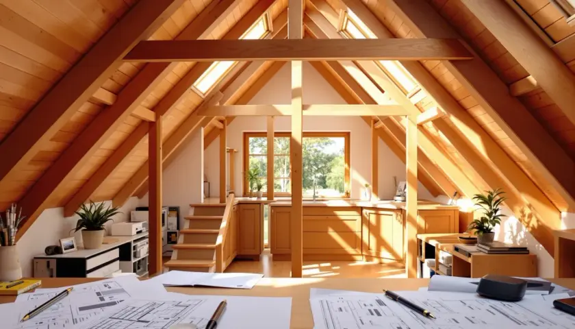 Na stole leżą plany architektoniczne. W tle widać kuchnię i schody prowadzące na poddasze użytkowe, które jest pełnoprawną kondygnacją.