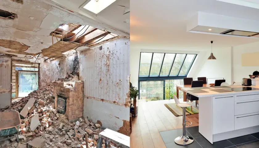 Avant/après : une maison en ruine transformée en cuisine moderne et lumineuse. Un choix entre construire ou acheter.