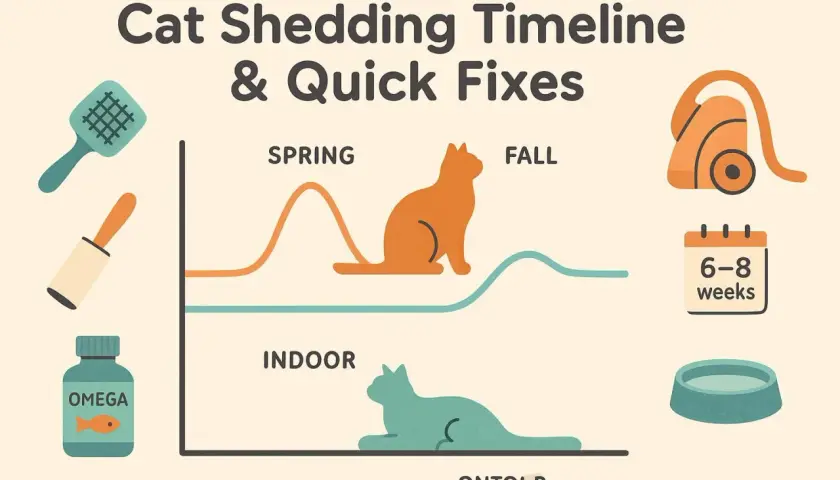 Cat shedding timeline shows peak shedding in spring and fall. Indoor cats shed less. Tools like brushes, vacuums, and omega supplements help manage cat shedding.