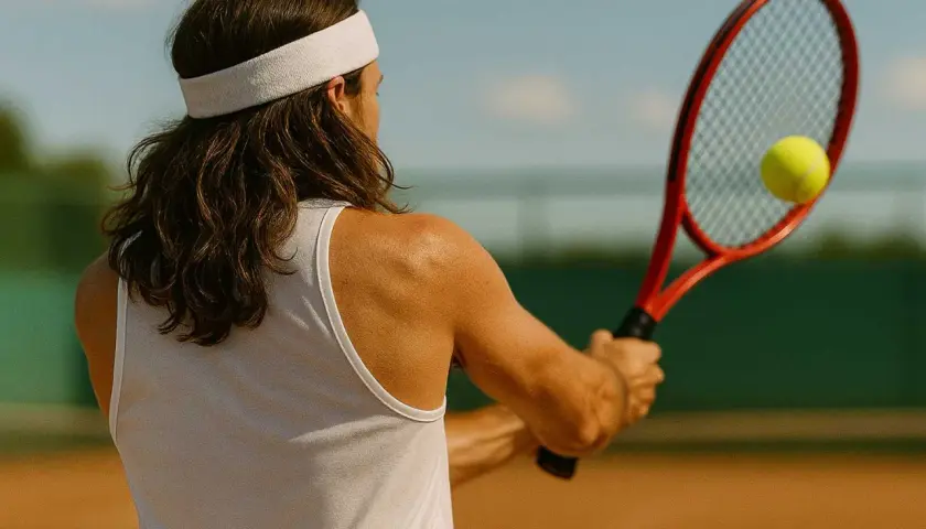 Tenisista z długimi włosami i opaską na czole uderza piłkę rakietą. Ciekawe, ile lat ma Rafael Nadal, grając z taką pasją.
