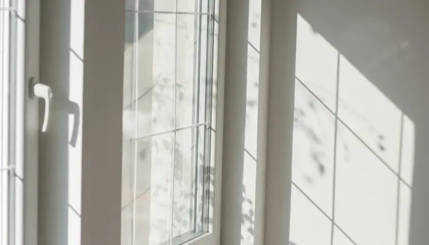 Luce solare intensa che crea ombre geometriche su una parete bianca e su un infisso in PVC, suggerendo che gli infissi in PVC si deformano al sole.