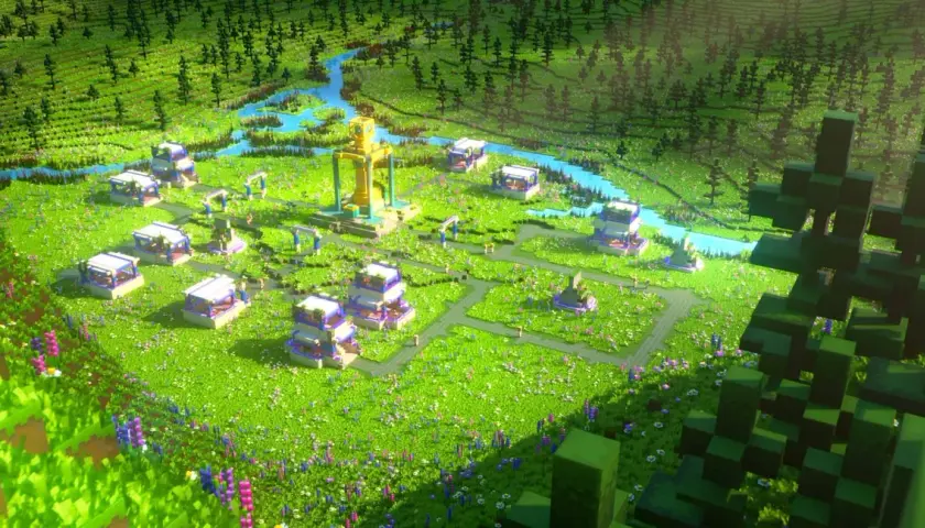 Wioska w stylu Minecraft z rzeką i lasem. Dowiedz się, jak włączyć komendy w MC, by tworzyć takie cuda!