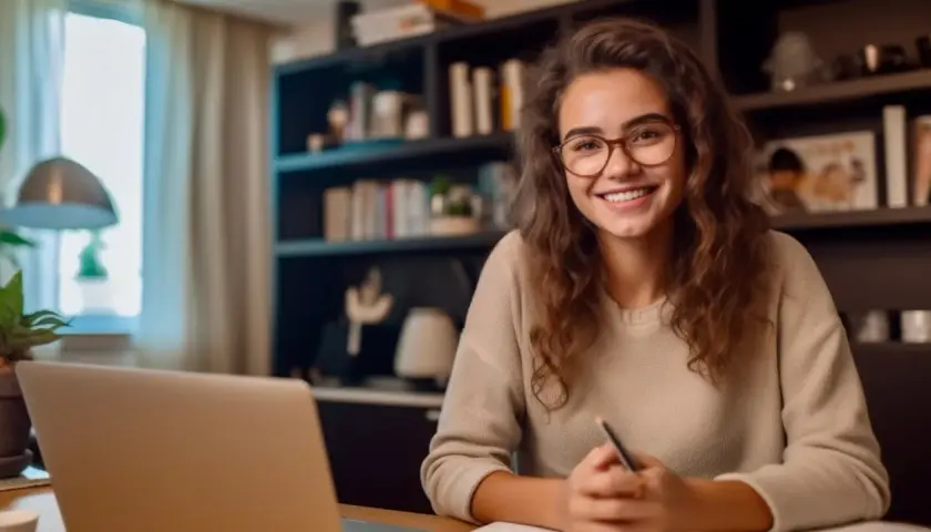 Lächelnde junge Frau mit Brille lernt am Laptop. Sie nutzt die Zeit für ein Bildungsurlaub Fernstudium, um sich weiterzubilden.