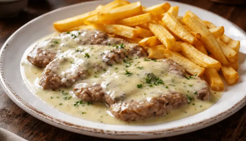 Tres escalopines al cabrales cubiertos de salsa cremosa y acompañados de patatas fritas doradas.