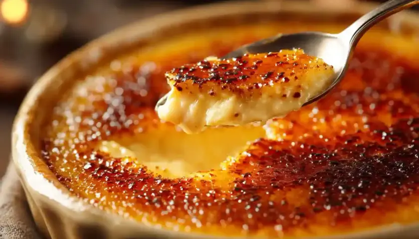 Une cuillère prélève une bouchée d'une véritable recette crème brûlée, révélant sa texture crémeuse sous une croûte caramélisée et craquante.