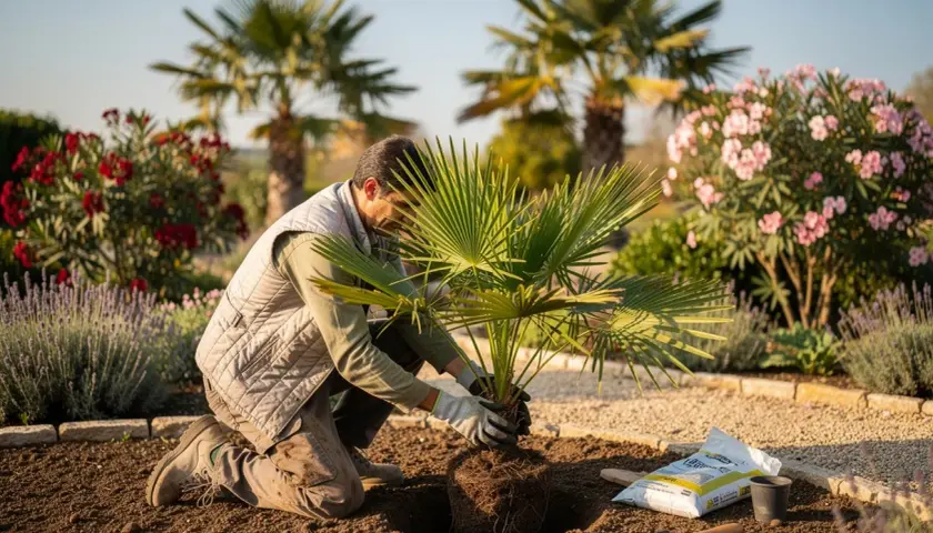 Un homme agenouillé est en train de planter un palmier dans un jardin ensoleillé, entouré de fleurs roses et de lavande.