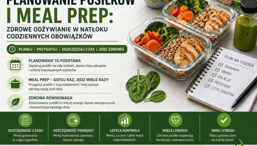 Gotowe pojemniki z jedzeniem, liście szpinaku i notatnik z listą zakupów. Meal prep to klucz do zdrowego odżywiania i oszczędności czasu.