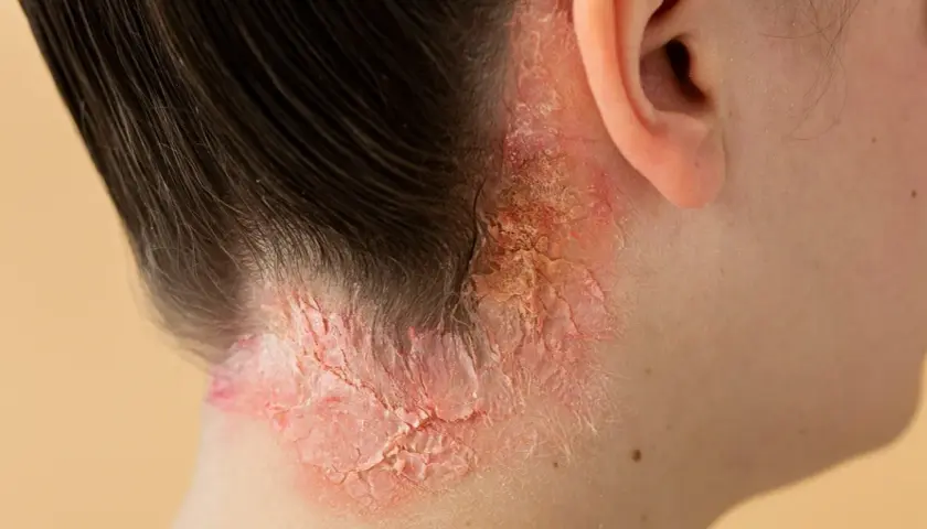 Piel irritada y escamosa en el cuello, posible alergia al cloro de piscina que causa problema respiratorio.