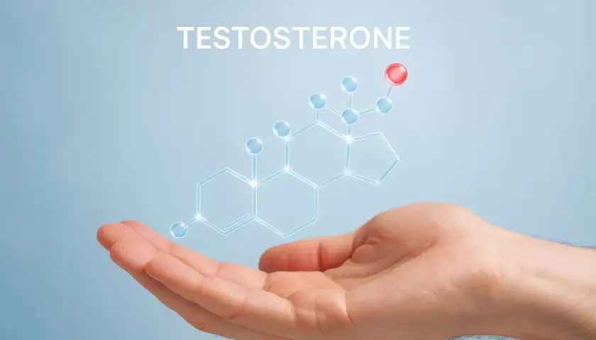 Dłoń trzymająca schemat cząsteczki testosteronu. Co zabija testosteron? Zrozumienie jego struktury to pierwszy krok.