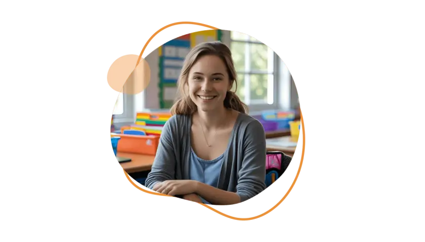 Lächelnde junge Frau im Klassenzimmer, die ihre erzieher ausbildung online absolviert. Bunte Ordner im Hintergrund.