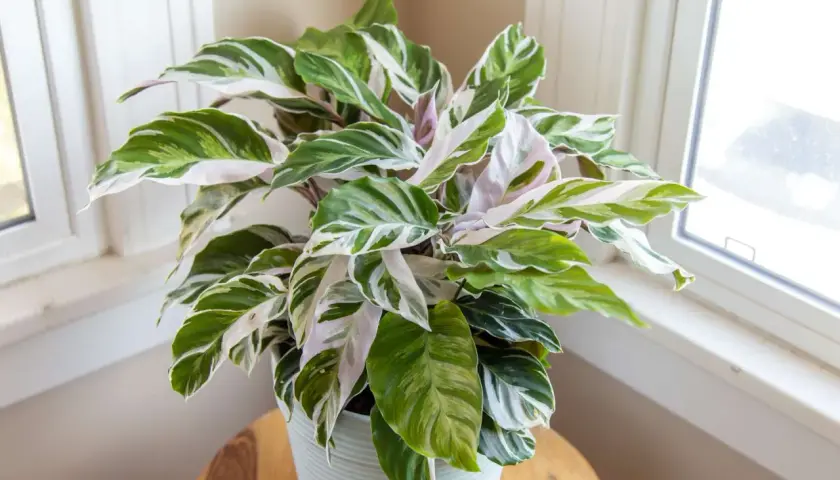 Calathea fusion white, una planta de interior con hojas verdes y blancas, luce espectacular junto a la ventana.