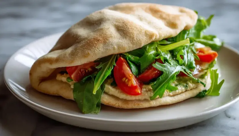 Sandwich pita garni de houmous, roquette et tomates. Une recette simple et savoureuse.