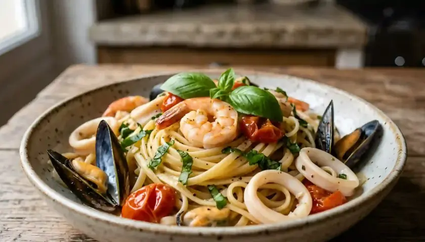 Assiette de pâtes aux fruits de mer : crevettes, calamars, moules et tomates cerises, garnie de basilic frais. Un délice !