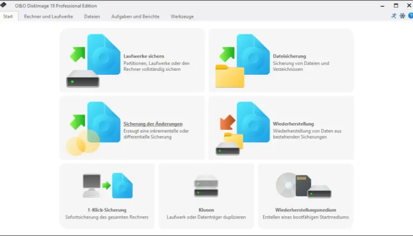 O&O DiskImage 18: Menü für Laufwerkssicherung, Dateisicherung, inkrementelle Sicherung, Wiederherstellung, 1-Klick-Sicherung, Klonen und Erstellung von Wiederherstellungsmedien.