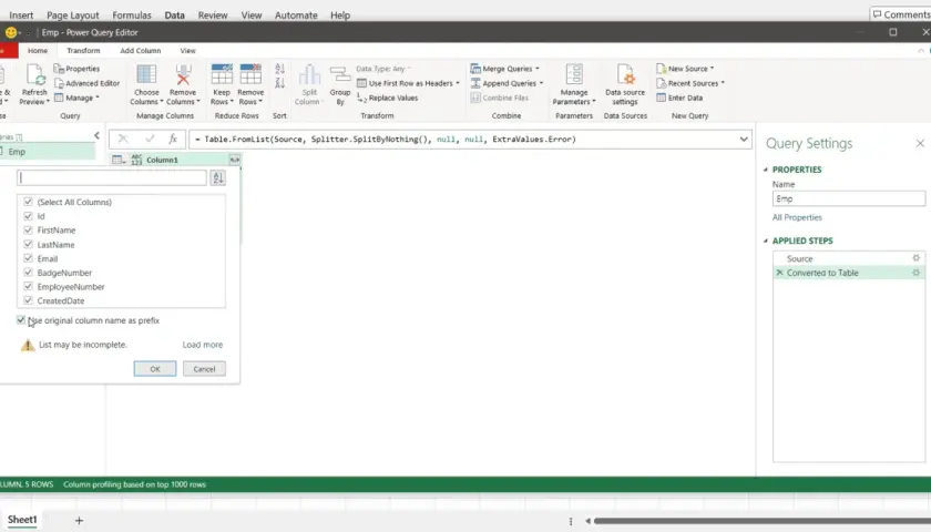 Editor Power Query per trasformare dati da JSON a Excel, selezionando colonne e opzioni di prefisso.
