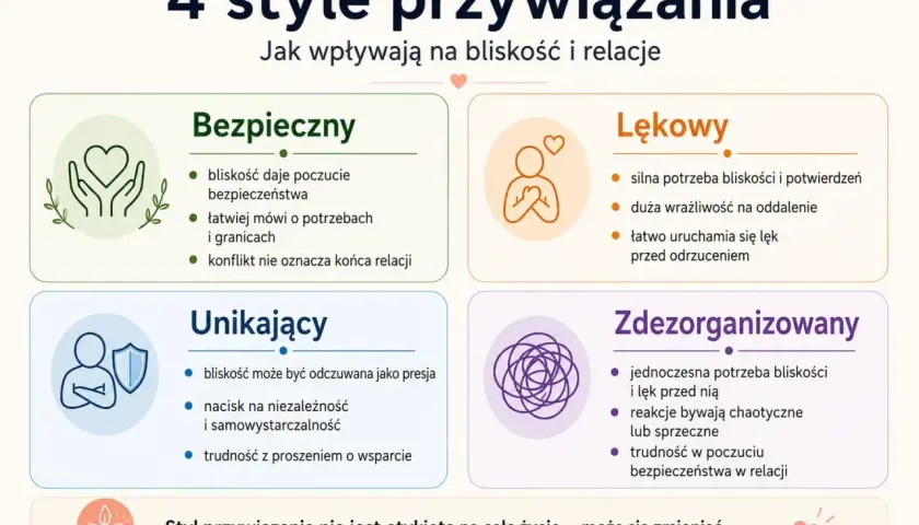 Grafika przedstawia 4 style przywiązania: bezpieczny, lękowy, unikający i zdezorganizowany, opisując ich wpływ na bliskość i relacje.