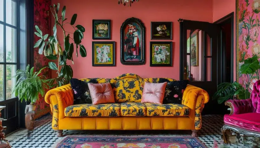 A vibrant room showcasing maximalist art, with a yellow patterned sofa, pink pillows, and a pink armchair against a coral wall.