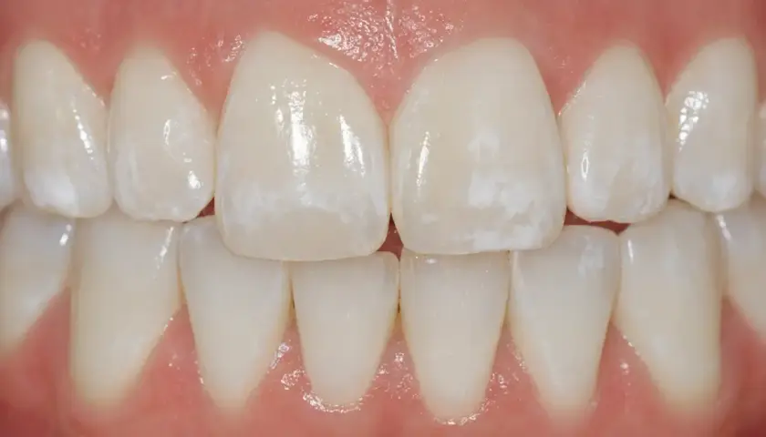 Denti con macchie bianche visibili, che potrebbero indicare problemi di smalto o ipomineralizzazione.