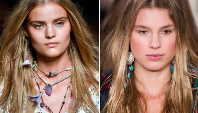 Dos modelos con pelo rubio y largo, con un estilo bohemio. Inspiración para como aclarar el pelo de forma natural.
