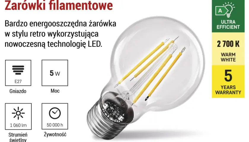 Energooszczędna żarówka filamentowa LED w stylu retro, model A60. Ma gwint E27, moc 5W, strumień świetlny 1060 lm i żywotność 50 000 h.