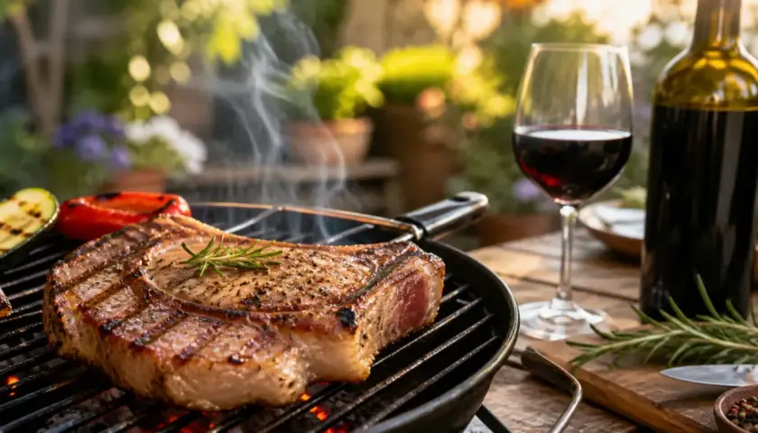Un succulent steak grillé, des légumes rôtis et un verre de vin rouge. Parfait pour une soirée grillade.