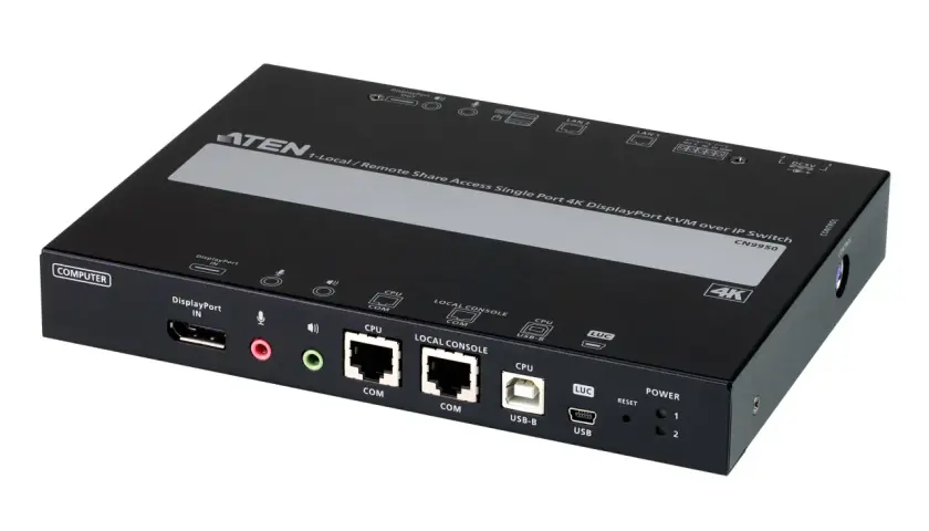 Appareil KVM réseau ATEN CN9950, un switch 4K DisplayPort pour accès local/distant. Il permet de gérer plusieurs ordinateurs via un seul poste.