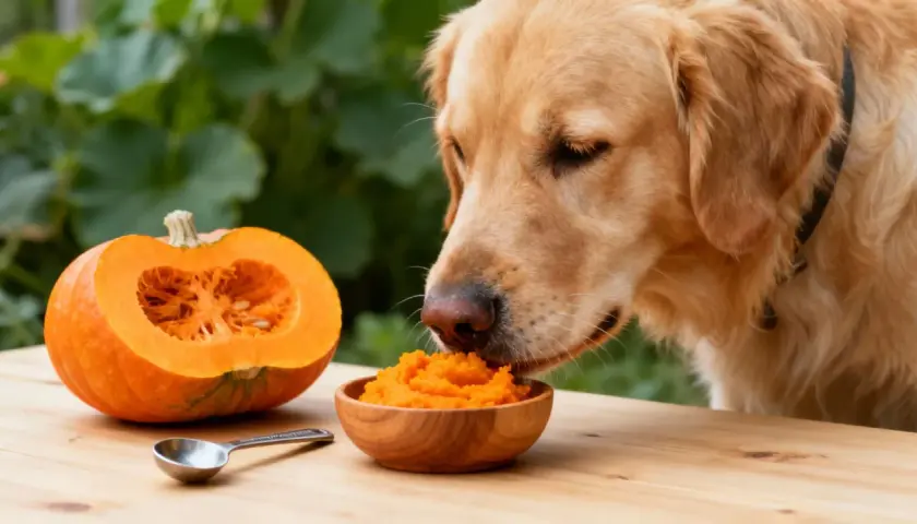 A golden retriever enjoys a healthy meal of pumpkin for dogs from a wooden bowl, with a halved pumpkin nearby.