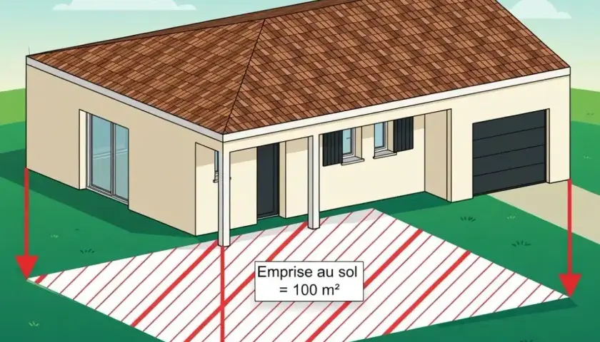 Illustration d'une maison avec garage. Une zone hachurée au sol indique l'emprise au sol de 100 m², délimitée par des flèches rouges.