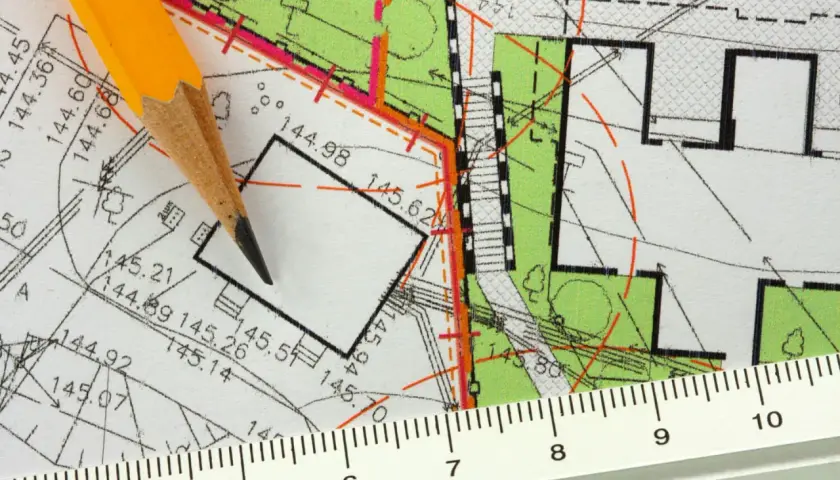 Ołówek i linijka na mapie geodezyjnej. Plan działki z wymiarami, pomocny, by znaleźć działkę po numerze.
