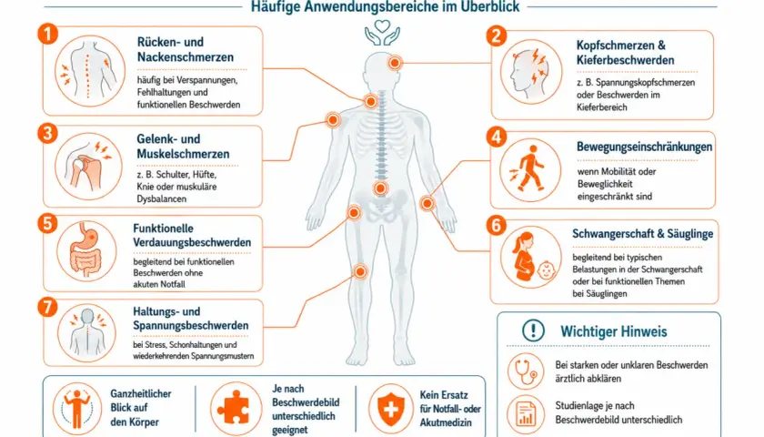 Osteopathie hilft bei Rücken-, Kopf-, Gelenk- und Verdauungsbeschwerden, Bewegungseinschränkungen, Schwangerschaft & Säuglingen.