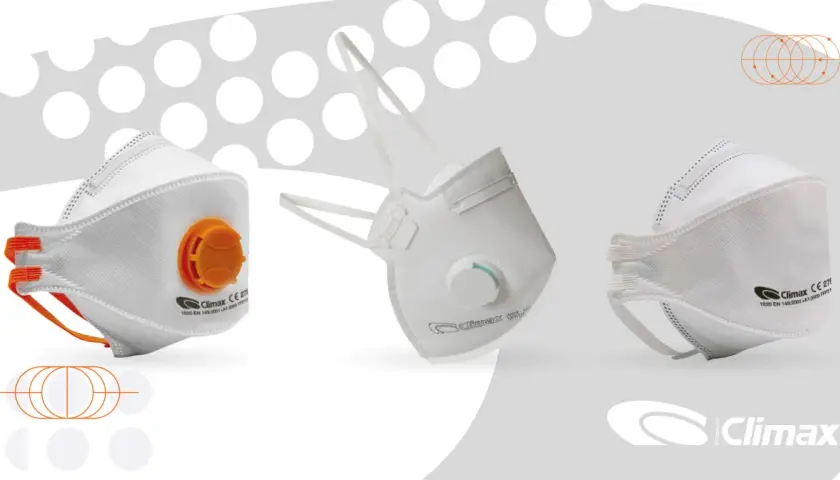 Tres mascarillas FFP2 Climax, con válvula naranja y blanca, listas para proteger.