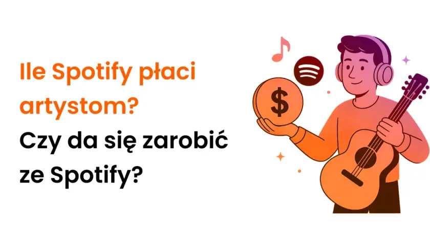 Ilustracja artysty z gitarą, słuchawkami i monetą z symbolem dolara.