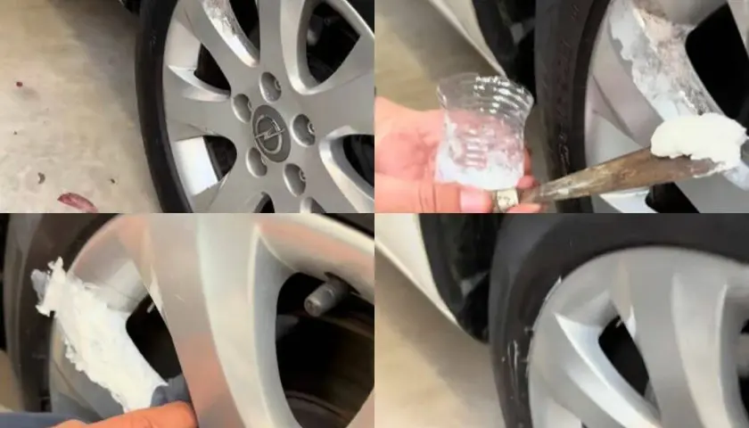 Pasos para reparar llantas de aluminio: aplicación de pasta para rellenar imperfecciones y pulido.