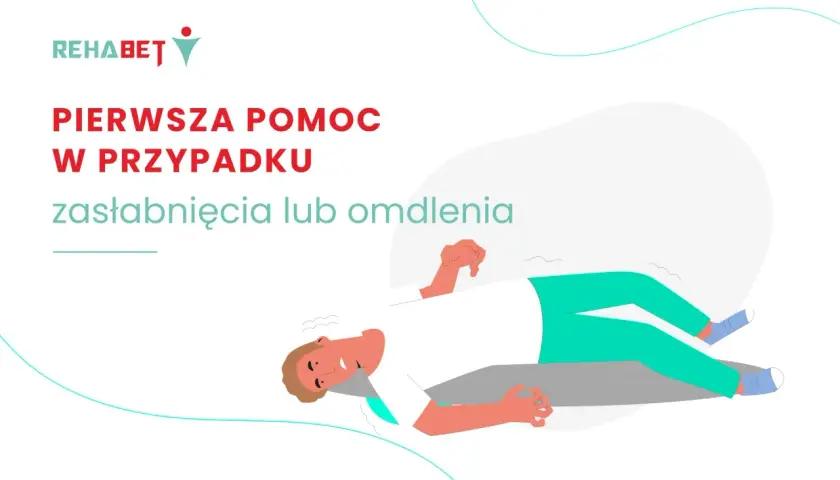 Pierwsza pomoc w przypadku zasłabnięcia lub omdlenia. Mężczyzna leży na ziemi, z zamkniętymi oczami i bladą twarzą.