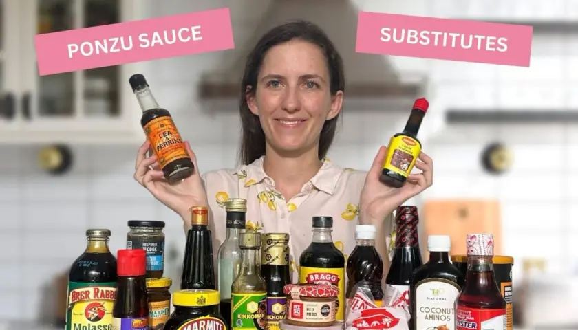Woman holds Lea & Perrins and Maggi, showcasing various bottles and jars as ponzu sauce substitutes.