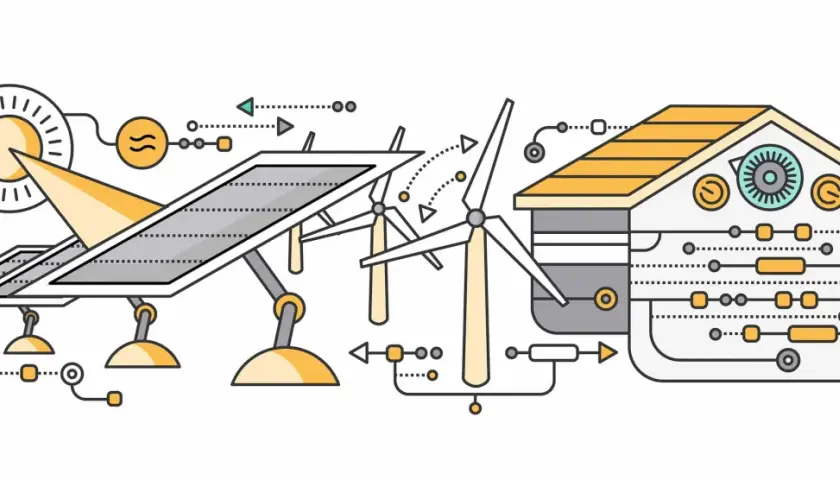 Ilustracja przedstawia schemat działania domu pasywnego z panelami słonecznymi i turbiną wiatrową, symbolizującymi pozyskiwanie energii.