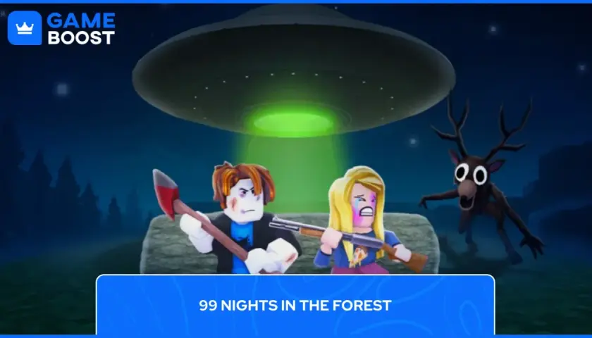 Postacie z gry Roblox w lesie pod UFO, z przerażającym jelonkiem.