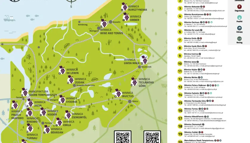 Mapa winnice w Polsce. Zachodniopomorskie winiarnie, od Darłowa po Szczecin, zapraszają na degustacje i zwiedzanie.