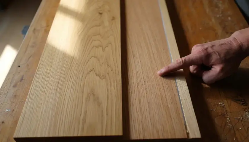 Main gauche pour reconnaître bois meuble. Deux planches de chêne sur un établi en bois, éclairées par la lumière du soleil.